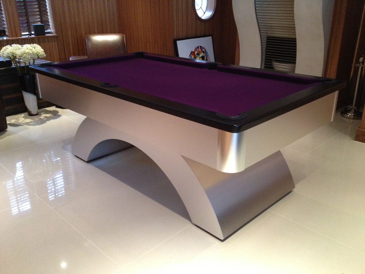 Arched Contemporary English Pool Table with Brushed Aluminium and Beech Cushion Rail