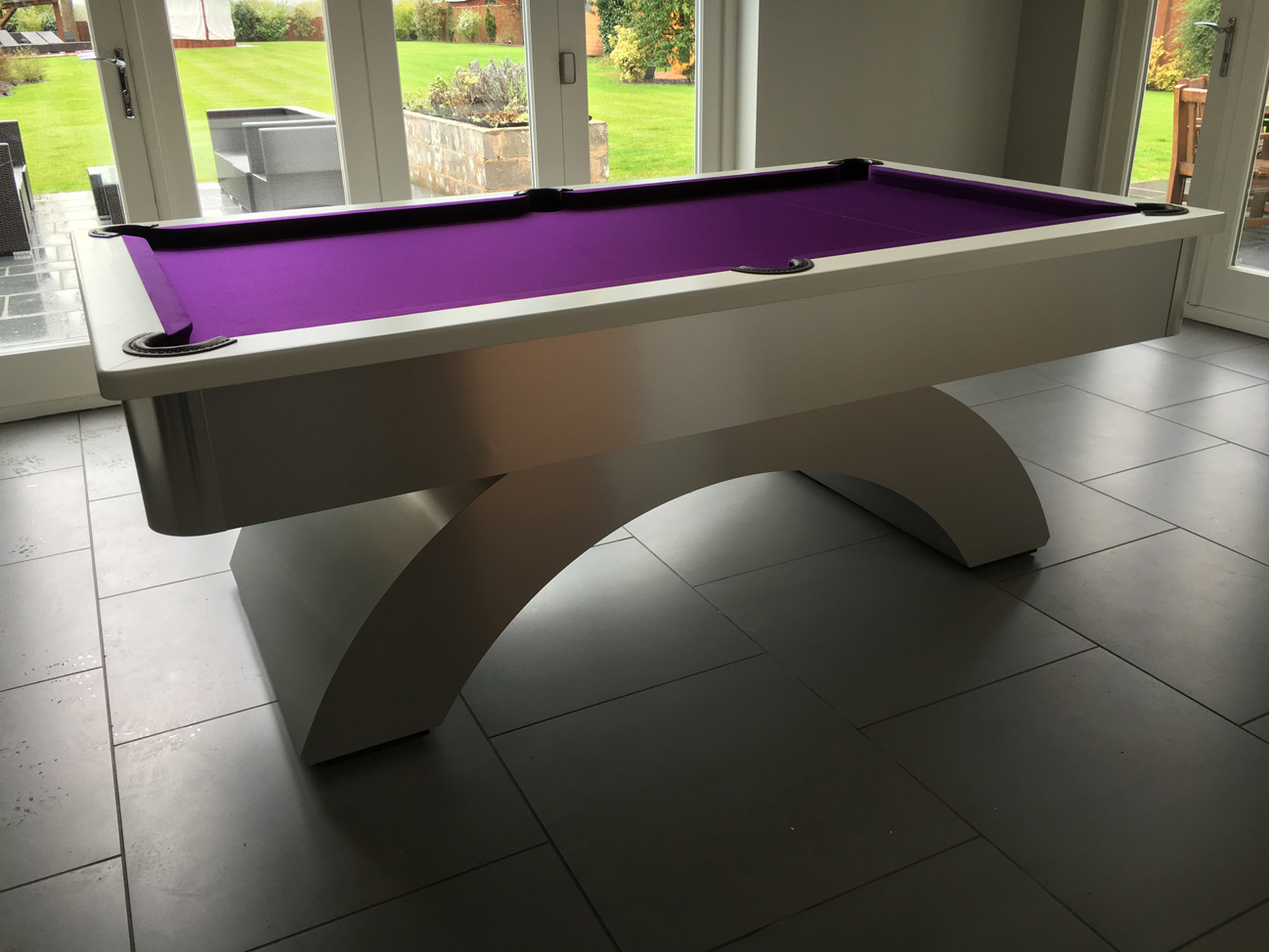 White Cushion Rail with Purple Cloth - Arched UK Pool Table