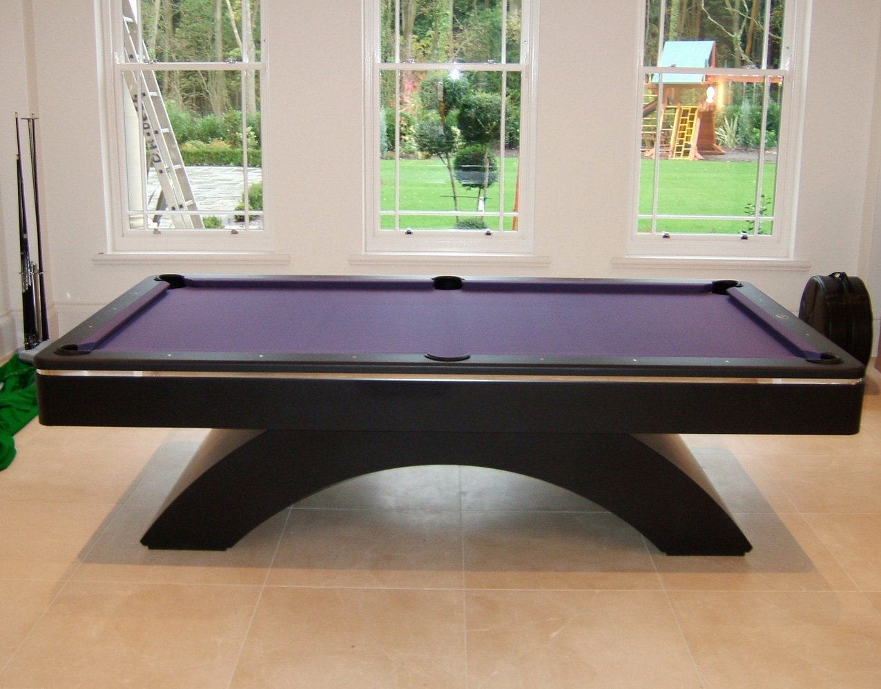 Olhausen Waterfall Pool Table in Black Chrome, Purple Cloth