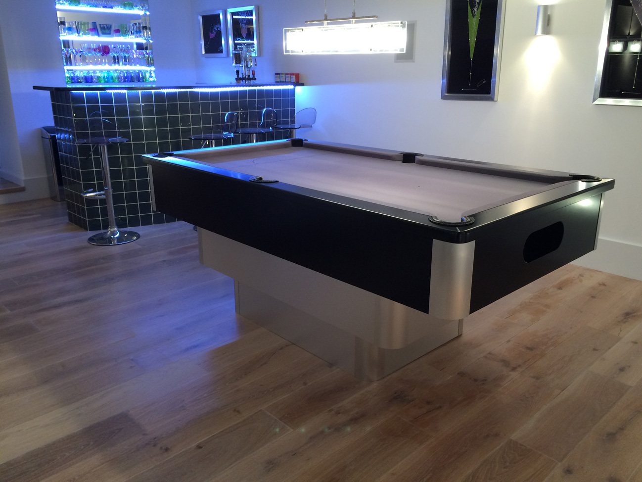 Tiered Contemporary English Pool Table in Brushed Aluminium with Black Panels