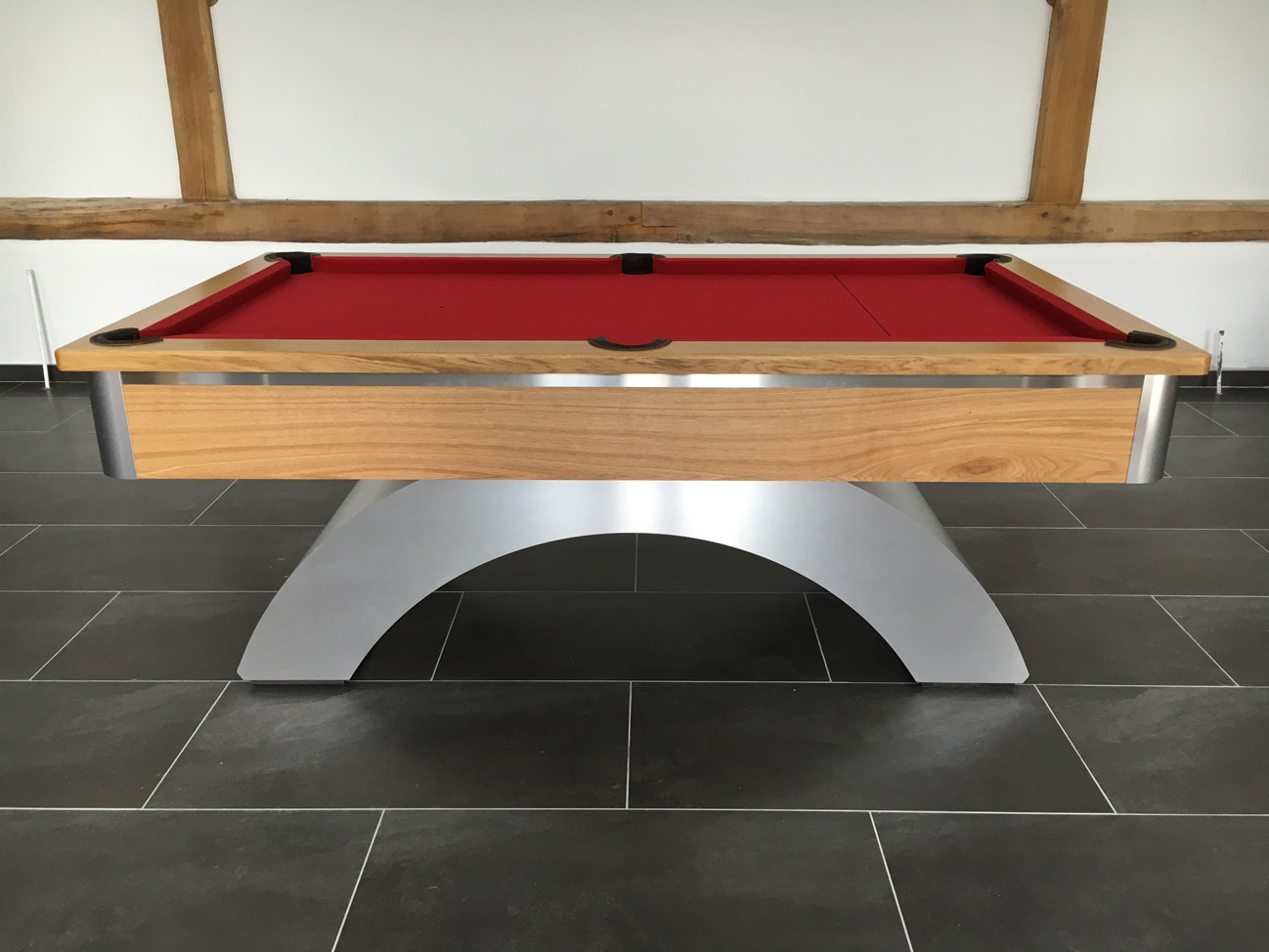 Arched Contemporary English Pool Table with Brushed Aluminium and Oak Finish
