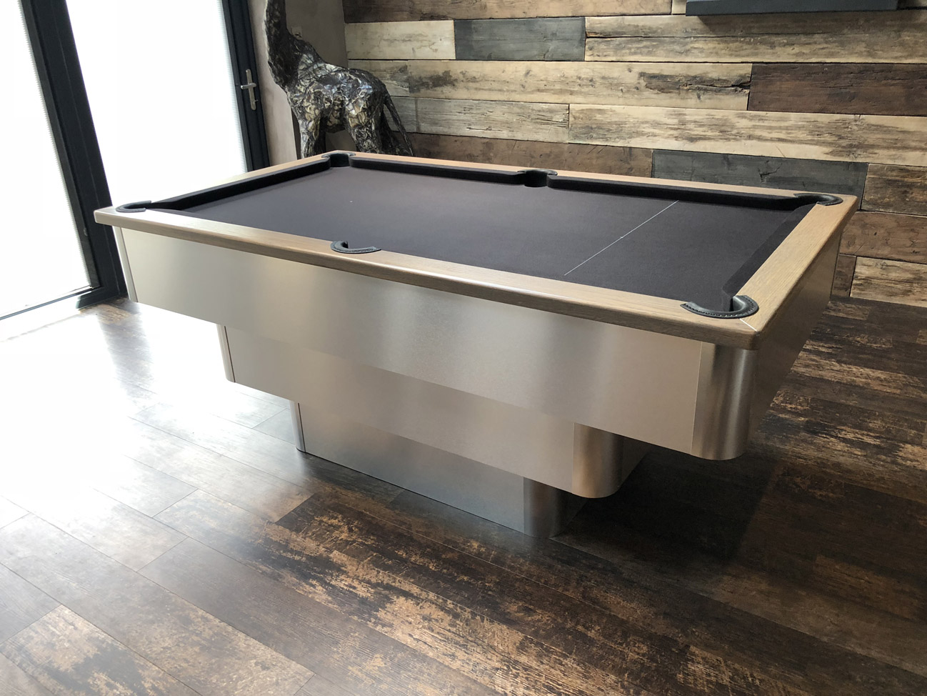 Tiered Contemporary English Pool Table with Oak Cushion Rail with Grey Tint