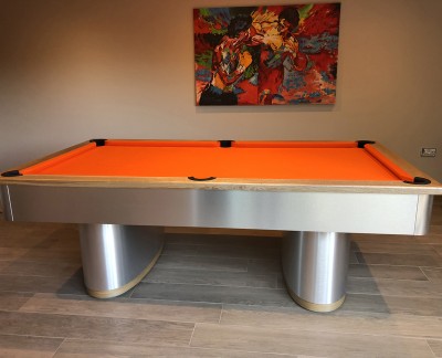 English Pool Tables Oval Pedestal Contemporary English Pool Table - Orange Cloth
