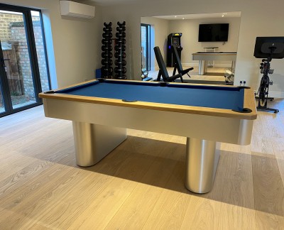 Pedestal Contemporary English Pool Table - Brushed Aluminium / Oak Finish