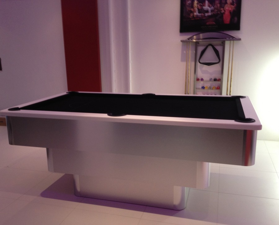 Tiered-Contemporary English Pool Table - White Cushion Rail and Black Cloth