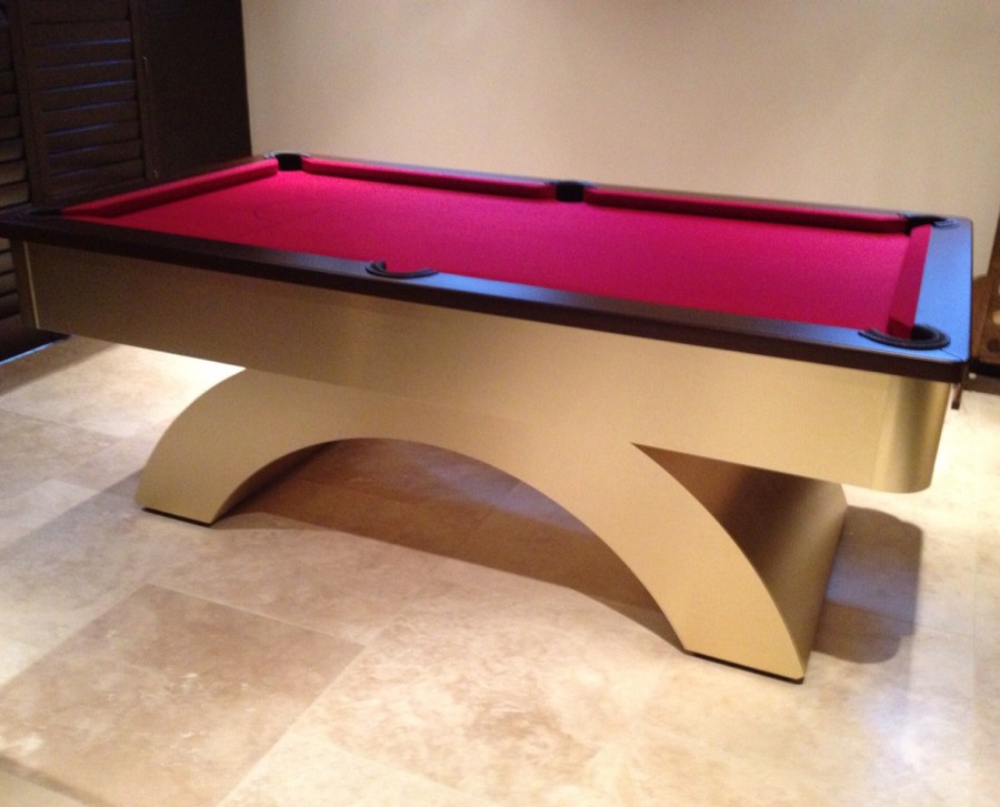 Arched-Contemporary English Pool Table in Brushed Brass with Red Cloth