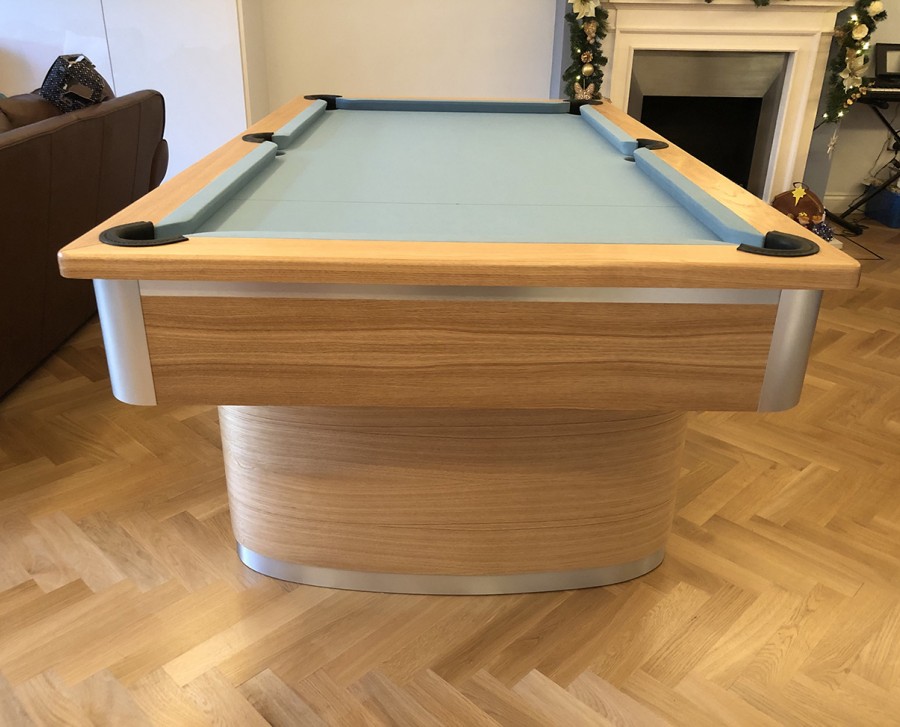 Oval-Pedestal-Contemporary English Pool Table - Oak Finish