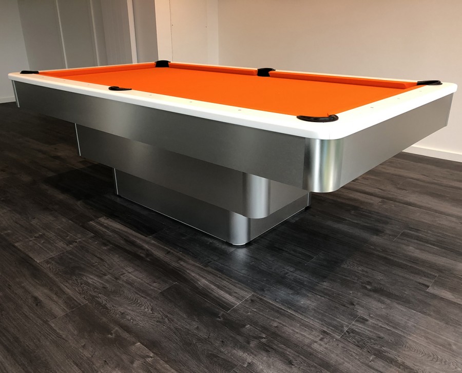 Olhausen Maxim Pool Table in Brushed Aluminium with Orange Cloth
