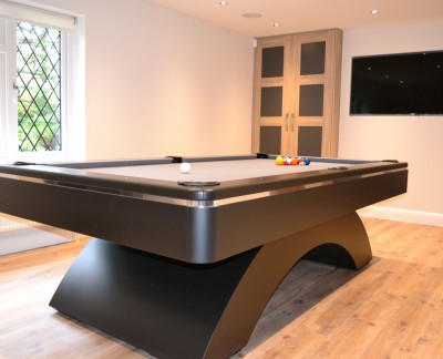 Olhausen Waterfall Pool Table in Black / Chrome with Grey Cloth