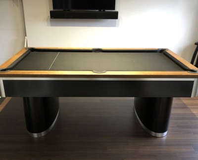 Oval-Pedestal-Contemporary English Pool Table - Oak Cushion Rail and Black Cloth