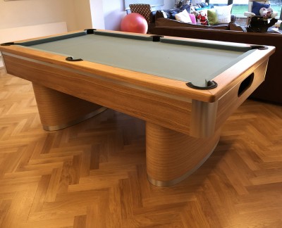 Oval Pedestal Contemporary English Pool Table - Powder Blue Cloth