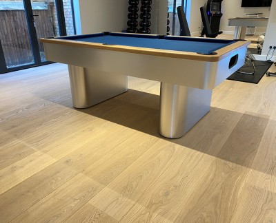 Pedestal Contemporary English Pool Table - Brushed Aluminium / Oak Finish