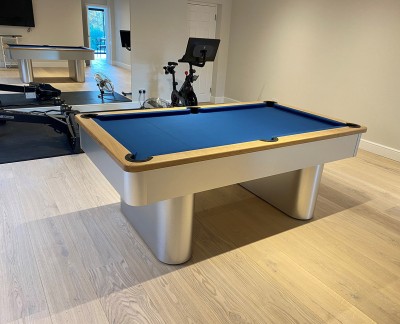 Pedestal Contemporary English Pool Table - Brushed Aluminium / Oak Finish