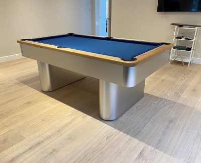 Pedestal Contemporary English Pool Table - Brushed Aluminium / Oak Finish